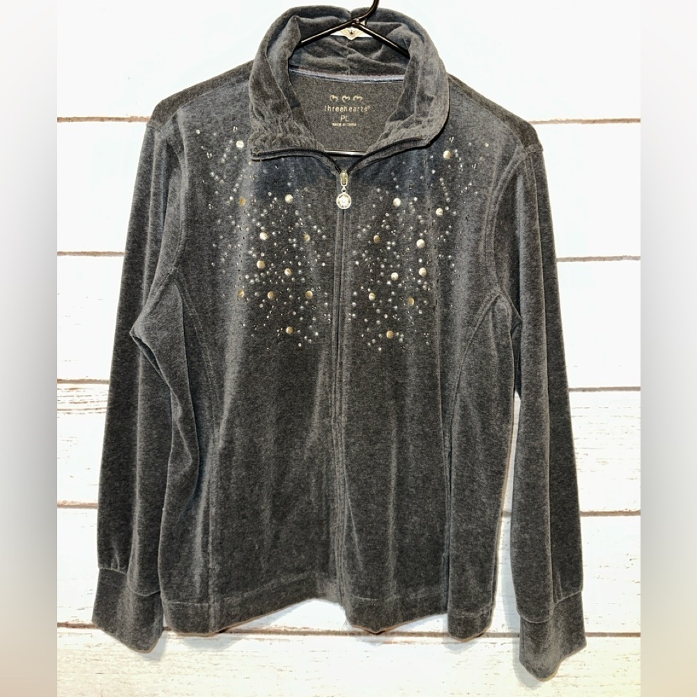 Gray Velour Jacket with Metal Embellishments Size PL  Office  Casual Wear Soft